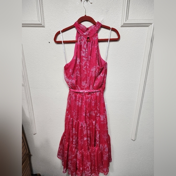 Lulus Float to You Hot Pink Floral Print Halter-Neck Tiered Midi Dress L Wedding - Picture 8 of 10